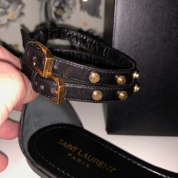 Saint Laurent Gold Stud Black Leather Sandal - Picture 2 of 6